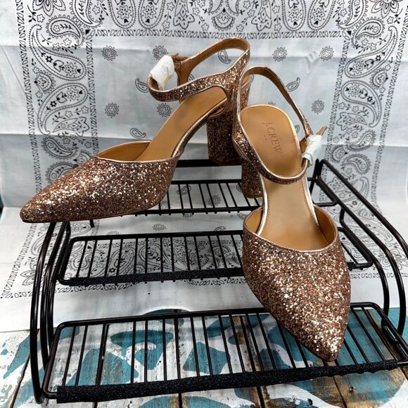 New J. Crew Factory glittery pointy toe heels Champagne Chucky glitter Womans 9 - Picture 2 of 11